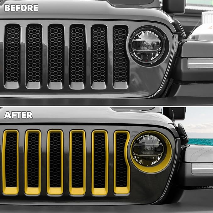 Grille Grill Insert+Headlight Turn Light Cover Compatible with 2018-2023 Jeep Wrangler JL JLU Sport/Sport S Only,Not for Sahara,Rubicon 4xe(Yellow)