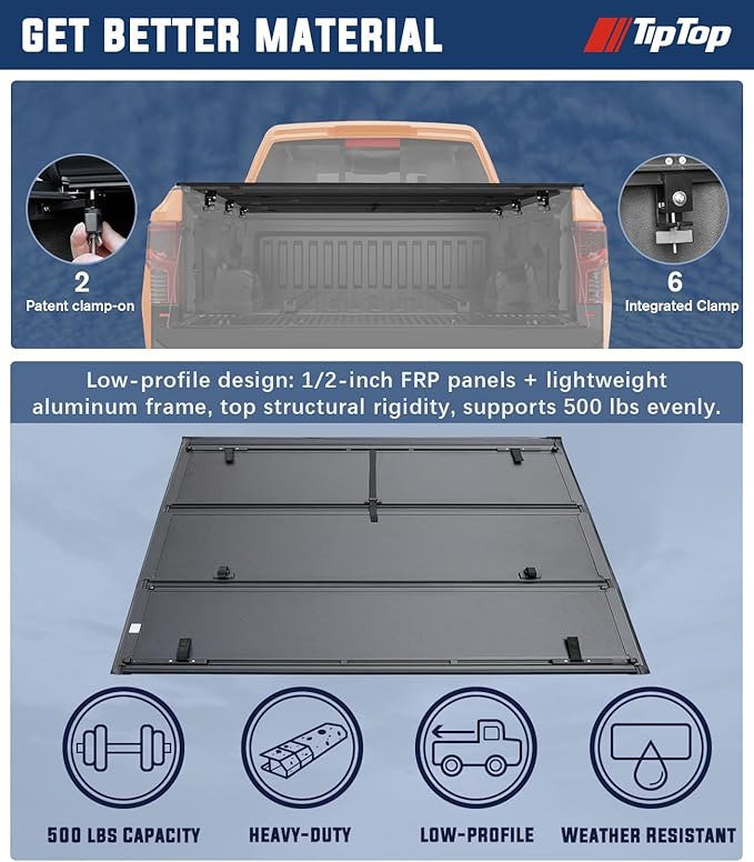 TIPTOP Low Profile Hard Folding Truck Bed Tonneau Cover Fits 2014-2018 Chevy Silverado/GMC Sierra 1500, 2015-2019 2500 HD 3500 HD, 6.6ft Bed (78.9in) |TLX3|