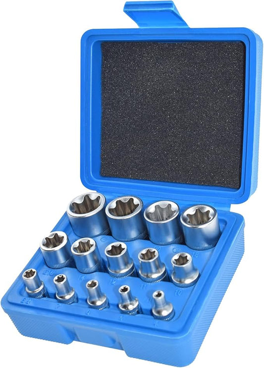 E-Torx Socket Set, 14 Piece Female E-Torx Star Socket Set, 1/4" 3/8" 1/2" Drive, E4 to E24 External Torque E Socket Set, 14pcs Star Socket Kit