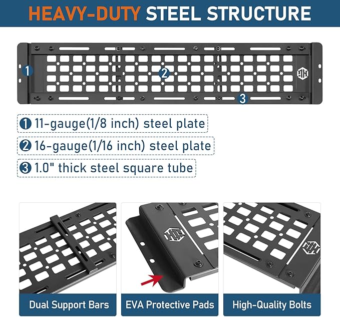 Hooke Road Roll Bar Storage MOLLE Panel Trunk Cargo Rack Shelf for 2007-2018 Jeep Wrangler JK Unlimited 4-Door Hardtop