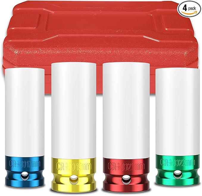 1/2" Drive Lug Nut Impact Socket Set,4 PCS Wheel Impact Socket,CR-MO, 6 Point, Color-Coded Protective Socket,Metric Size(17-19-21-22mm) Thin Wall Socket Set