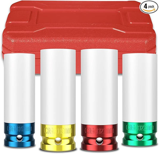 1/2" Drive Lug Nut Impact Socket Set,4 PCS Wheel Impact Socket,CR-MO, 6 Point, Color-Coded Protective Socket,Metric Size(17-19-21-22mm) Thin Wall Socket Set