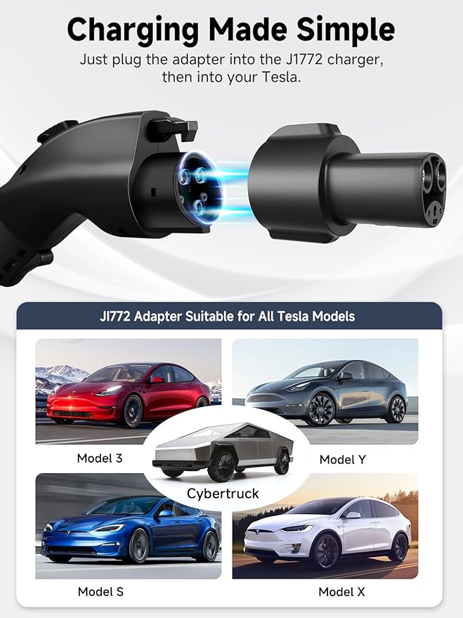 J1772 to Tesla Charging Adapter, 80A 250V EV Charger Adapter for Tesla Model S/3/X/Y/Cybertruck, Compatible with Level 1 & Level 2 J1772 Chargers, Fast and Safe Charging