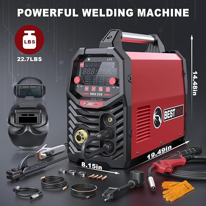BESTMIG 200A MIG Welder - 6-in-1 IGBT Inverter Welding Machine, Gas/Gasless Flux Core, Stick, Lift TIG, Spot & Spool Gun - Portable 110V/220V Equipment