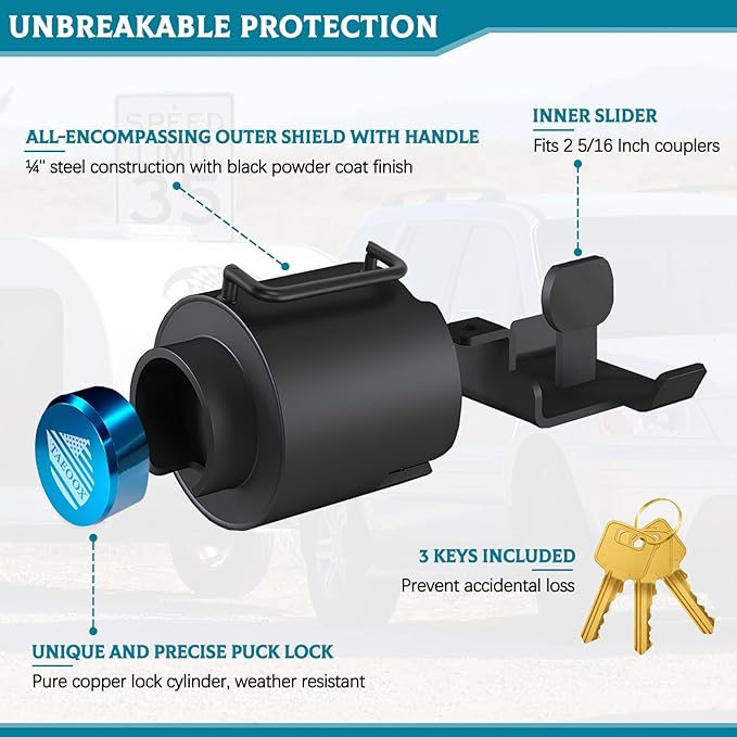 Upgraded Trailer Lock Fits 2 5/16 Inch Coupler, Heavy-Duty Trailer Hitch Locks, Pry-Resistant & Anti-Theft Trailer Coupler Lock, Accessories for Trailer/RV/Boat (Trailer Lock with Handle)