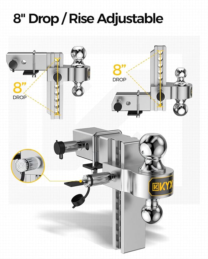 KYX Adjustable Trailer Hitch-Drop Hitch 8" Drop/Rise for 2.5" Receiver, 18500 lbs GTW Heavy Duty Towing Ball Mount with 2" and 2-5/16" Hitch Balls, Anti-Theft Locking Pin, Aluminum Truck Tow Hitches