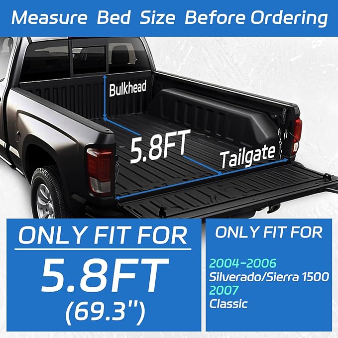 PZ Soft Roll Up Truck Bed Tonneau Cover Compatible with 2004-2006 Chevrolet Chevy Silverado/GMC Sierra 1500 5.8 ft（69"） Short Bed Fleetside Vinyl（07 Classic Body only）