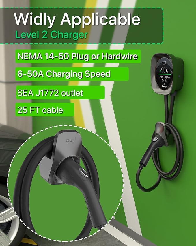Level 2 EV Charger 50 Amps Smart Motion Sensor Screen Electric Car Charger for Home with WiFi, RFID, 240V, NEMA 14-50 Plug or Hardwire, 25FT Cable APP Controlled Vehicle Chargers for All EVs