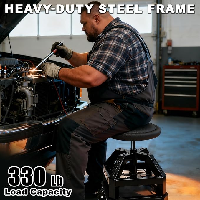 Rolling Shop Stool with Wheels, Heavy Duty Garage Work Mechanic Stool, Adjustable Height 22.44"-28.94", 360°Swivel Rolling Chair with Tool Tray Storage, 330 LBS Capacity, Black