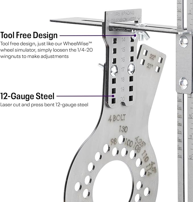 Speedway Motors WheelWise™ 4-Lug Wheel Fitment Tool with Tire Size Attachment, Simulates 14-22 Inch Rim Diameter, 8-14 Inch Tire Width, 2.5-11.5 Inch Sidewall, Laser Cut Steel