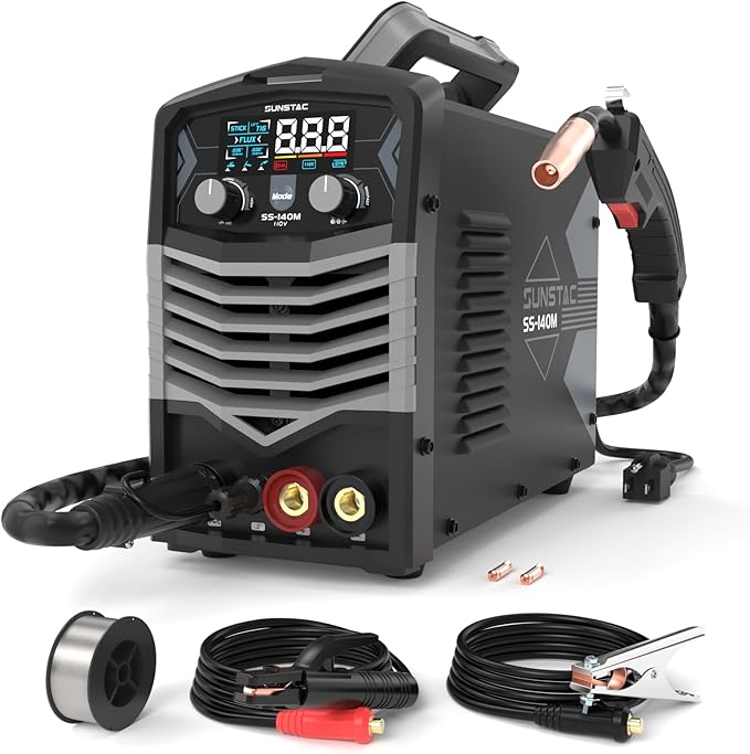 MIG Welder, 140A 110V Flux Core/Stick/Lift TIG 3 in 1 MIG Welding Machine, Gasless MIG with IGBT Inverter Synergic Control, Digital Screen Display, Over Loading Protection Beginner Friendly