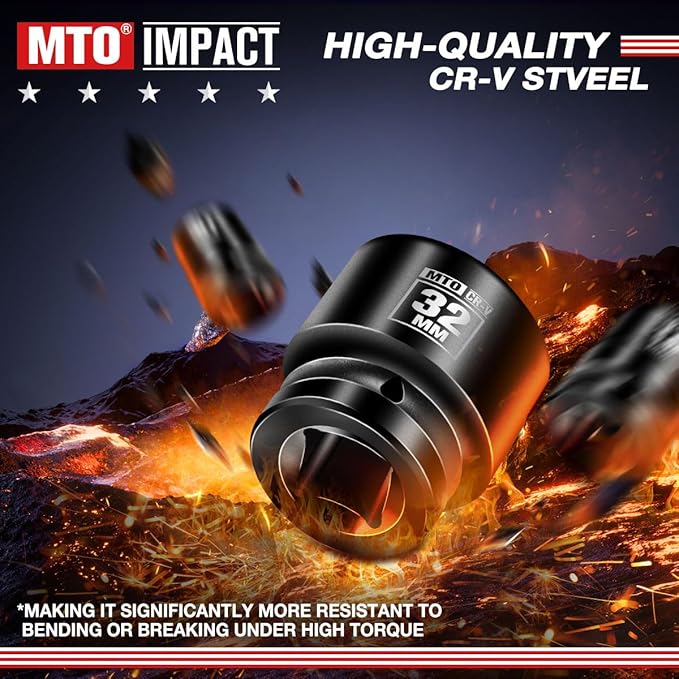 MTO 1/2" Drive 32mm Shallow Impact Socket, 6-Point Metric Socket for Automotive Maintaince, CR-V Steel Meets ANSI Standards