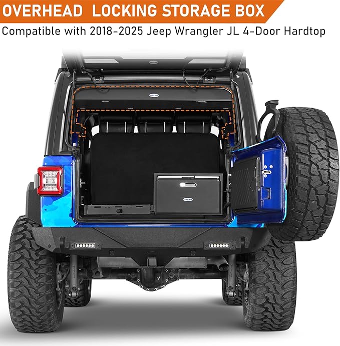 Hooke Road JL Overhead Storage Box MOLLE Panel for 2018-2025 Jeep Wrangler JL 4-Door Hardtop, Roll Bar Mount Lockable Toolbox Security Tool Organizer