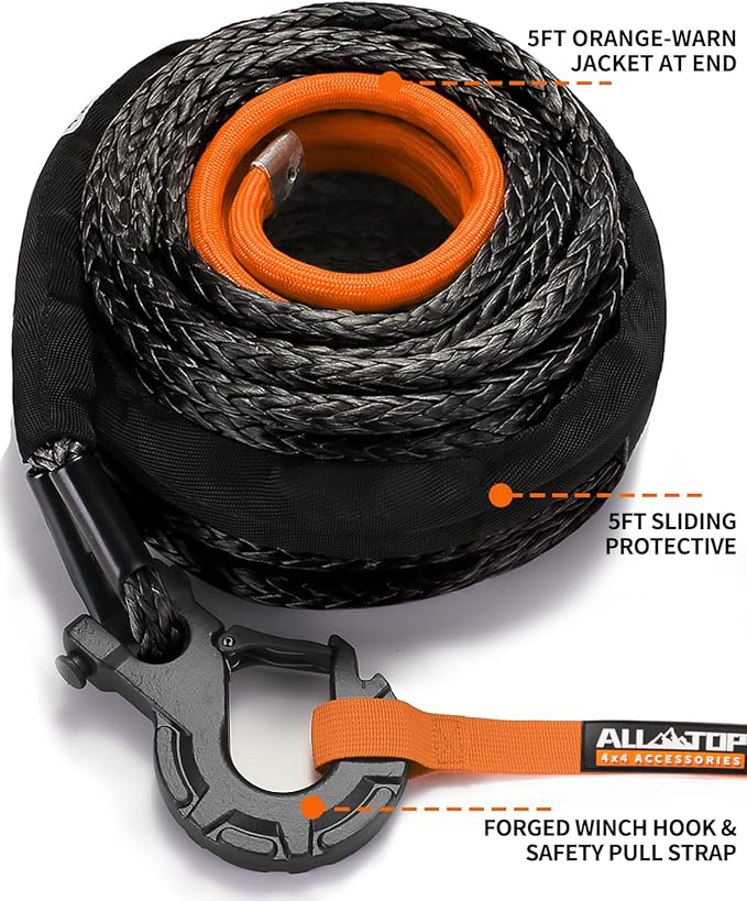 ALL-TOP Synthetic Winch Rope w/Hook & Isolator, 3/8in x 92ft, 25500Lbs UHMWPE Cable Replace Kit, Forged Hook & Rubber Stopper & Safety Pull Strap