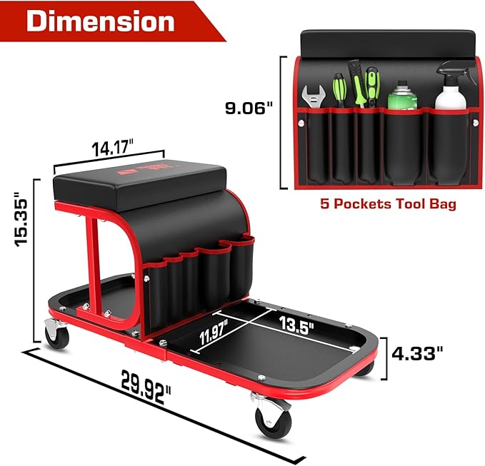 Rolling Shop Stool Chair with Wheels, Mechanic Garage Stool on Wheels, Auto Car Detailing Stools Seat with Tool Tray Storage for Garage Work, Workshop, Home, Garden, DIY, 300 LBS Capacity,Red