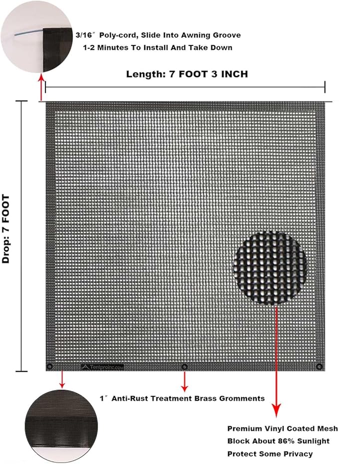 Tentproinc RV Awning Sun Shade Screen 7' X 7' 3'' (Fit for 8' Awning)- Black Mesh Sunscreen Complete Kits Camping Trailer Awning Sunshade UV Sun Blocker - Customized