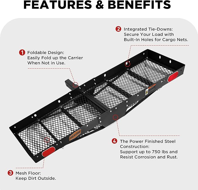Rockland Steel Foldable Cargo Carrier with Reflectors, 750 LBS Capacity, 60" x 20" x 2.5", Hitch Mount for 2" Receivers, Compatible with Class III & IV, Folding Tray Hitch Basket for Cars SUVS Vans