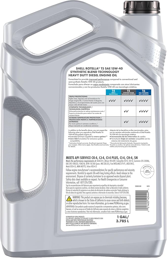 Shell Rotella T5 Synthetic Blend 15W-40 Motor Oil, 1 Gallon (3 Pack)