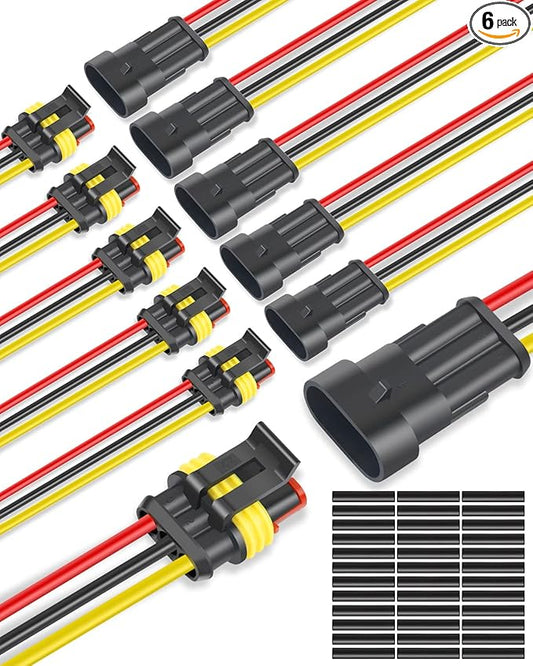 NAOEVO 3 Pin Connector Waterproof, 16 AWG 3 Wire Connectors, Automotive Electrical Connectors Male and Female Way With Heat Shrink Tubing for Car Truck Boat Wire Connection, 6 Kits