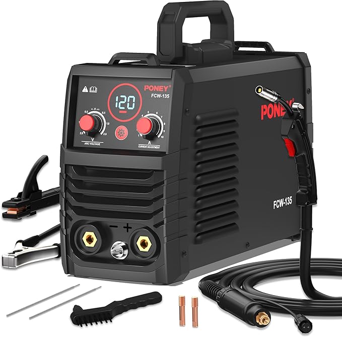 PONEY 120A Flux Core MIG Welder 110V - 3 in 1 Gasless MIG/Stick/Lift TIG Welding Machine with Synergic Control IGBT Inverter Multi-process Portable Wire Feed Welder
