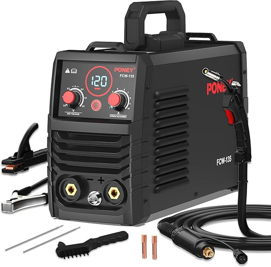PONEY 120A Flux Core MIG Welder 110V - 3 in 1 Gasless MIG/Stick/Lift TIG Welding Machine with Synergic Control IGBT Inverter Multi-process Portable Wire Feed Welder