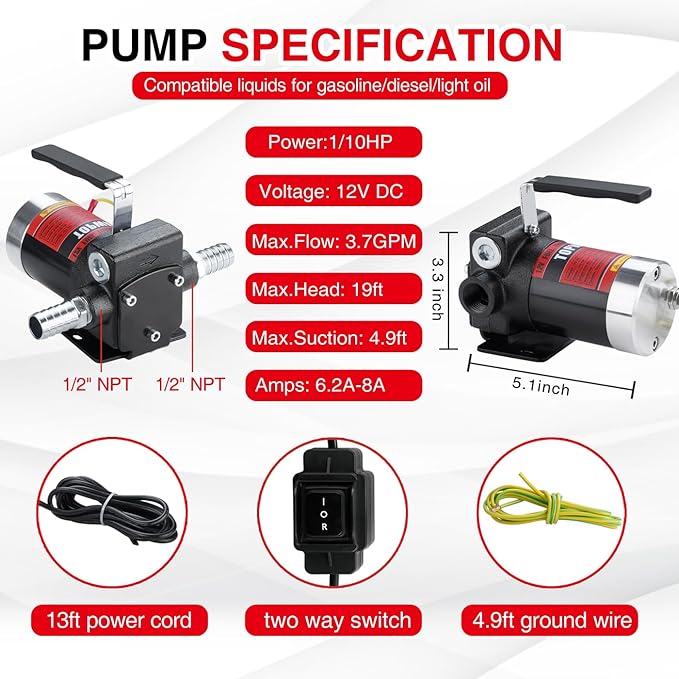 TOPWAY 12V DC Gasoline Fuel Pump Kit, Self-priming Oil Transfer Pump with Handle, Reversible Pumping, Overheat Protection, Explosion-Proof, Oil Hose, Nozzle for Gasoline Fuel Diesel Kerosene Removal