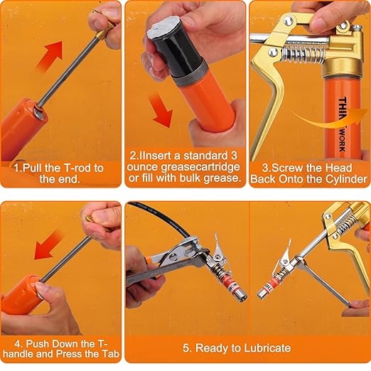 THINKWORK Mini Grease Gun Kit for 3 Oz Tubes, 3000 PSI Pistol Grip Lube Grease Guns Tool with 0.53" Coupler and Needle Nozzles - for Minor Maintenance Tasks, Automotive, Agricultural