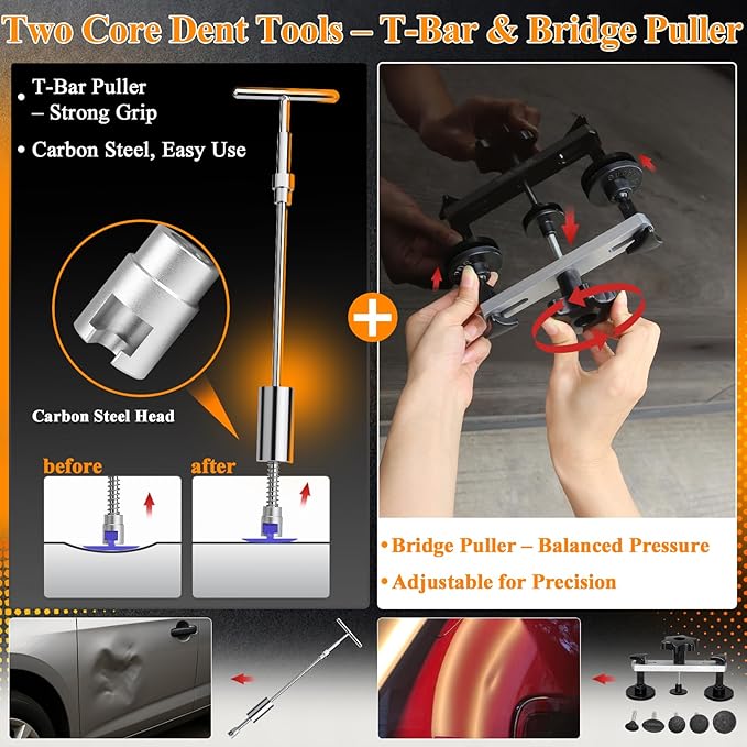 Car Dent Puller Kit with Slide Hammer & Suction Cups – 132pc PDR Tools for Auto Body & Hail Dent Repair – DIY Car Dent Repair Kit with Glue Gun, Rubber Hammer & Trim Tools