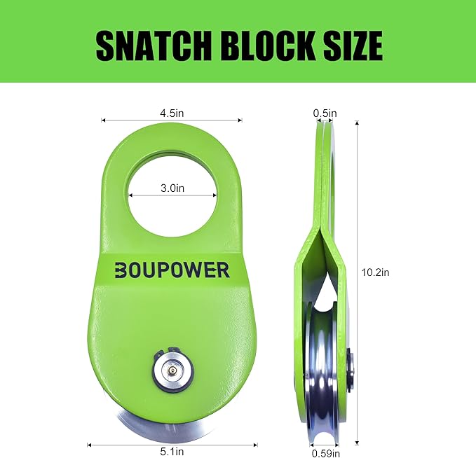 Off Road Winch Recovery Kit, 10 Ton Heavy Duty Snatch Block Pulley with 3" x8' Tree Saver Strap and 2Pcs 3/4" D Ring Shackles, Winching Accessories for Truck Car SUV ATV Green