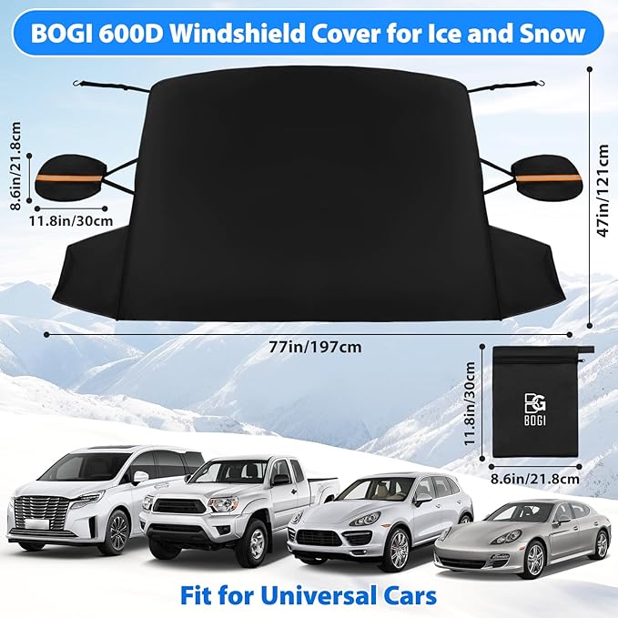 BOGI Windshield Cover for Ice and Snow, Heavy Duty 600D Windshield Snow Cover with 2 Mirror Covers Waterproof Car Cover for Snow Windshield Protector for Cars, SUVs, Trucks (77"x47")