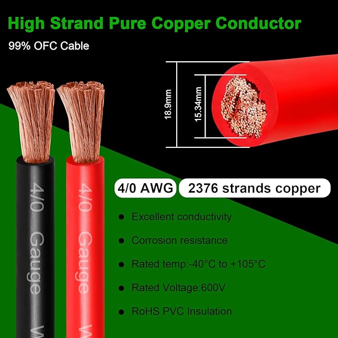 4/0 Gauge Battery Cable - 10FT Red + 10FT Black 4/0 AWG Welding Cable Flexible Stranded Oxygen-Free Pure Copper Wire for Automotive, Battery, Inverter, Solar, Marine and Generator