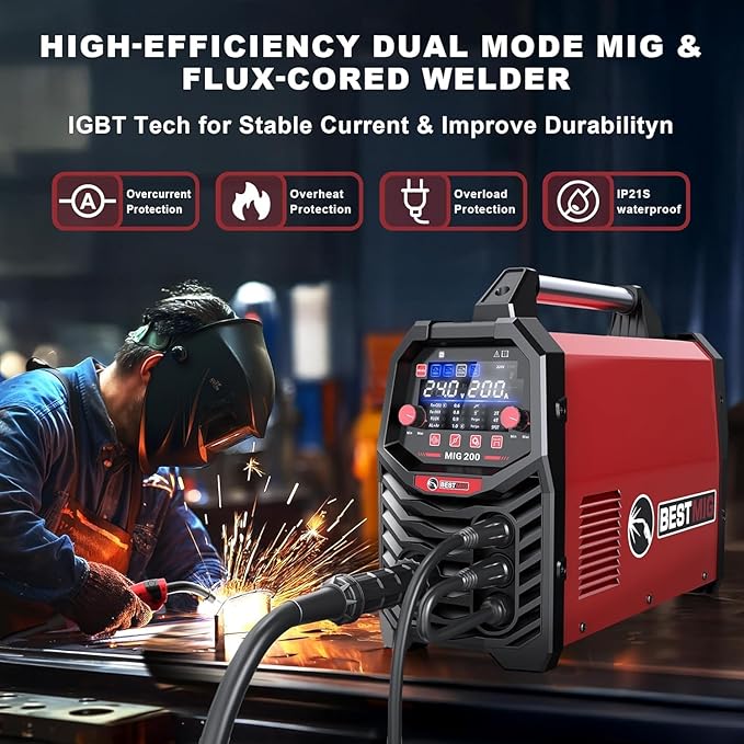 BESTMIG 200A MIG Welder - 6-in-1 IGBT Inverter Welding Machine, Gas/Gasless Flux Core, Stick, Lift TIG, Spot & Spool Gun - Portable 110V/220V Equipment