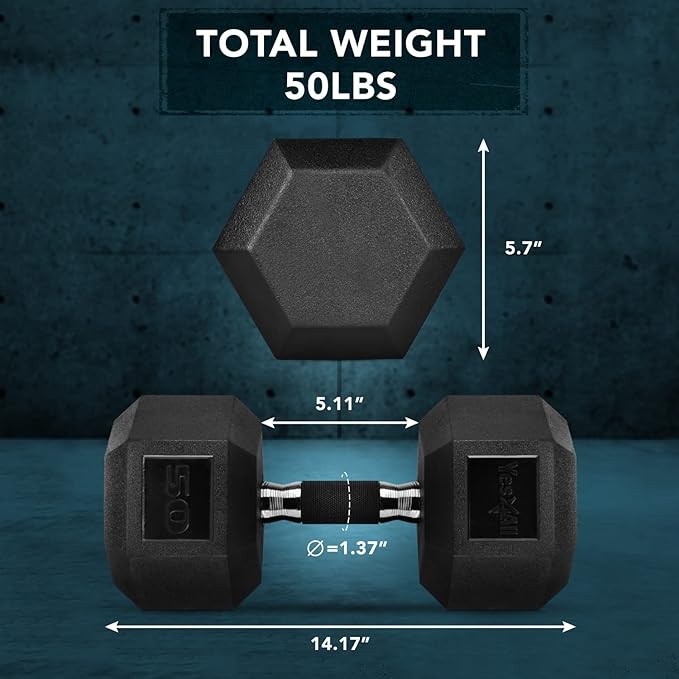 Yes4All Rubber Grip Encased Hex Dumbbell – Hand Weights With Anti-Slip 5-50 LBS Single
