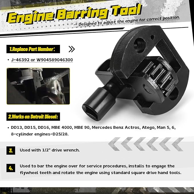 For Detroit Diesel DD15 DD16 Engine Brake Adjustment Tool Engine Barring Tool TDC Locating Pin Fuel Line Socket Camshaft Timing Tools W470589042300 J-46392 W470589001500 J-48770 W470589104000 (7 PCS)