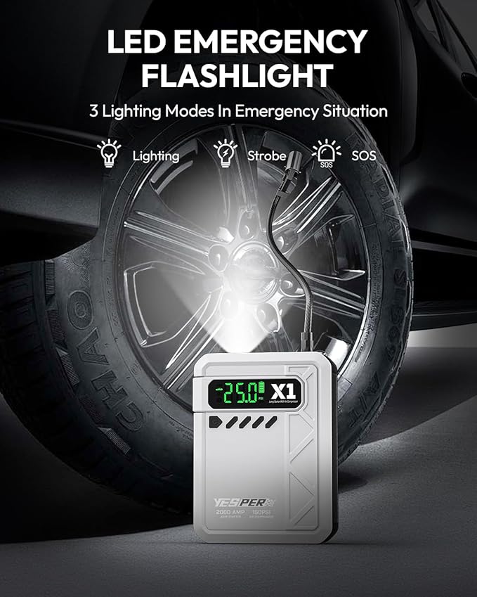 YESPER Jump Starter with Air Compressor 2000A 150PSI Battery Jumper Starter Portable(8L Gas/6L Diesel), 12V Car Jump Pack Battery Charger Jump Box with Jumper Cables, LCD Display, Lights(Grey)