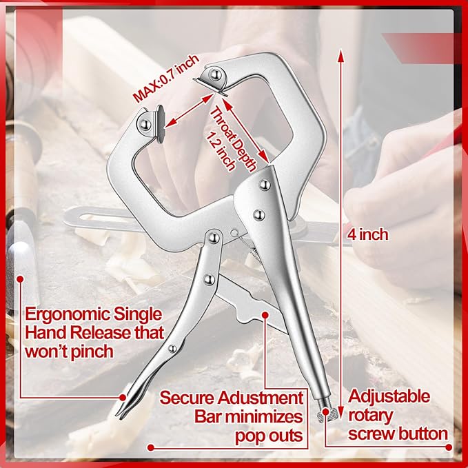 Yexiya 10 Pcs Locking C Clamp, Locking Pliers Adjustable Welding Clamp with Regular Tip and Swivel Pad for Shop Home Farm and Auto Workshop Woodworking, Cabinetry, Repair (4 Inch)