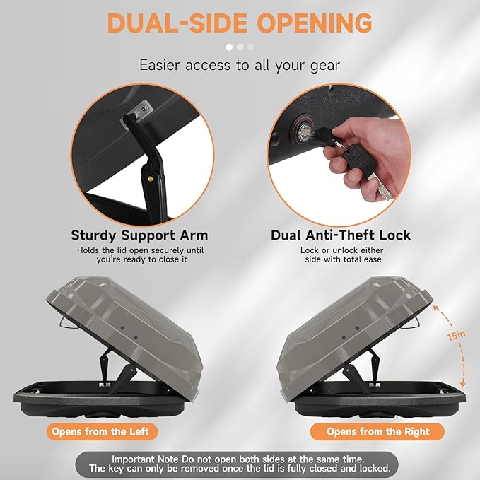 Roof Cargo Box, Dual-Side Opening Design, 14 Cubic Feet Capacity, Waterproof Hard-Shell Storage Box, Includes Straps and Spare Key,Ideal for Travel and Luggage Transport, Gray (G62)