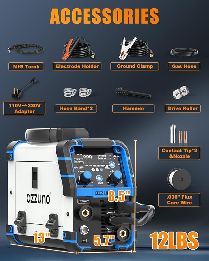 AZZUNO MIG Welder Machine 110V/220V, 155Amp 5-in-1 Gas MIG/Aluminum MIG/Gasless Flux MIG/Lift TIG/Stick Welding Machine, Upgraded Wire Feed Welder