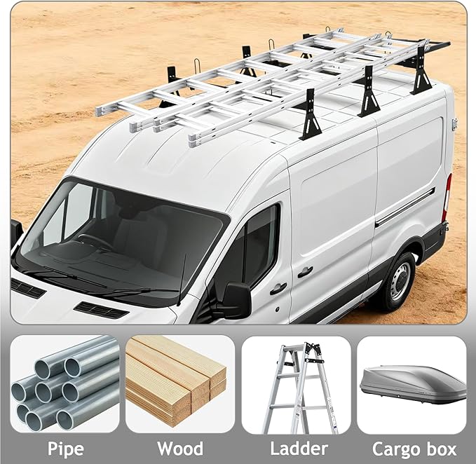 hightall Van Ladder Rack with Roller,Adjustable Length 50-61" Van Roof Rack with Cargo Stoppers,Compatible with Ford Transit150/250/350