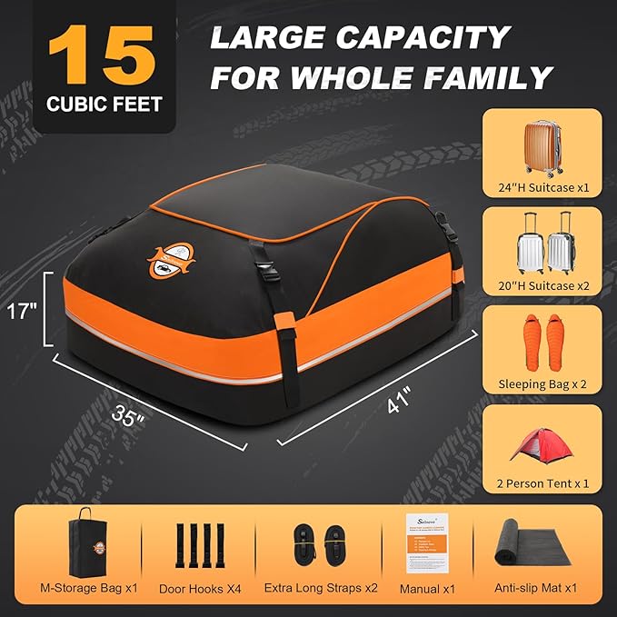 Sailnovo Car Rooftop Cargo Carrier Roof Bag, 15 Cubic Feet Waterproof Rooftop Cargo Carrier Bag, Fit Car with Without Luggage Rack - Cartop Carrier Bag with Tie-Down Strap, Safety Hook