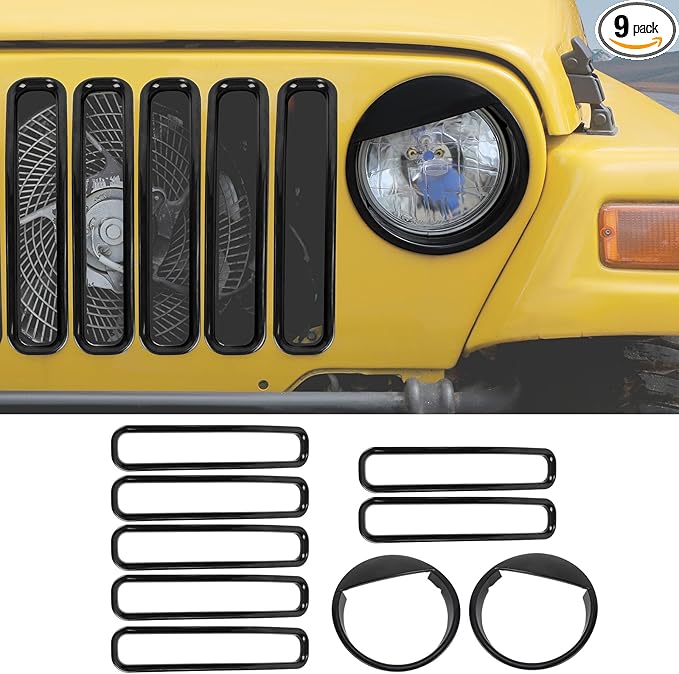 Front Grille Mesh Inserts & Angry Eyes Headlight Bezels Cover Trim Fit for 1997-2006 Jeep Wrangler TJ & Unlimited Exterior Accessories Clip-in Grille Guard Cover Headlight Bezels Trim Ring