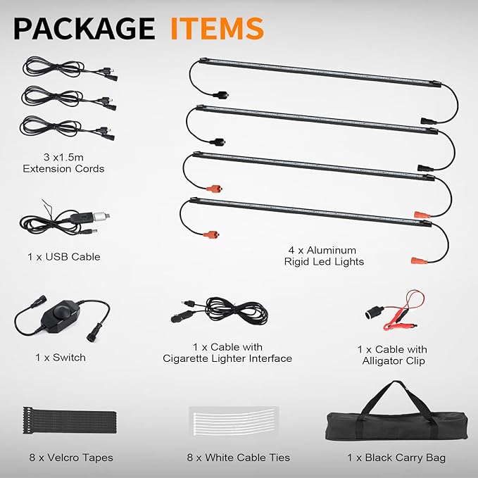 12V LED Interior Light Bar Kit Dimmable IP67 Waterproof Camping String Lights, Aluminum Magnetic Mount Exterior Lights,Portable Lighting for RV, Camping Tent Car Trailer Boat (4 Pack)