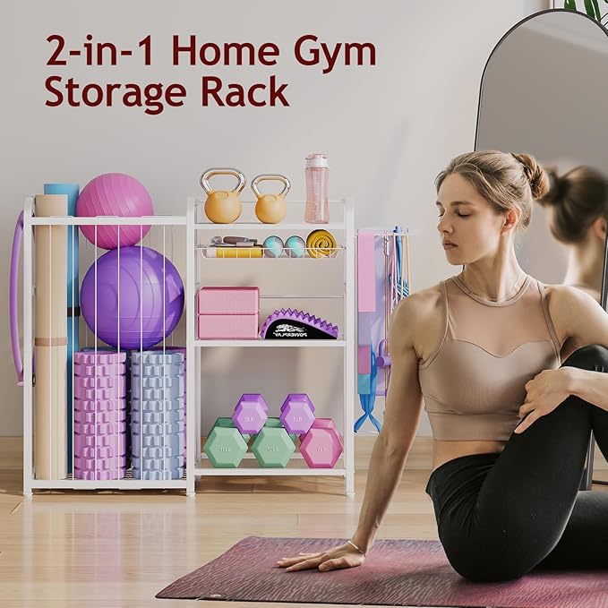 Home Gym Storage Rack - Exercise Equipment Storage Organizer for Yoga Mat Dumbbells Kettlebells Foam Roller & Resistance Bands, Ideal Yoga Mat Holder & Workout Equipment Organizer(White)