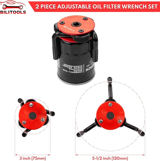 BILITOOLS Oil Filter Removal Tool, Universal Oil Filter Wrench Set Adjustable 2-1/2 to 4 inch & 3 to 5-1/8 inch, 1/2" Drive