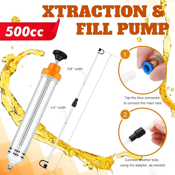 Lothee 2 Pack 500cc Automotive Fluid Extractor Pump Oil Extractor Hand Syringe Pump with Horse Manual Suction Vacuum Fuel Car Transfer for Power Steering, Hydraulic Fluid(Orange)