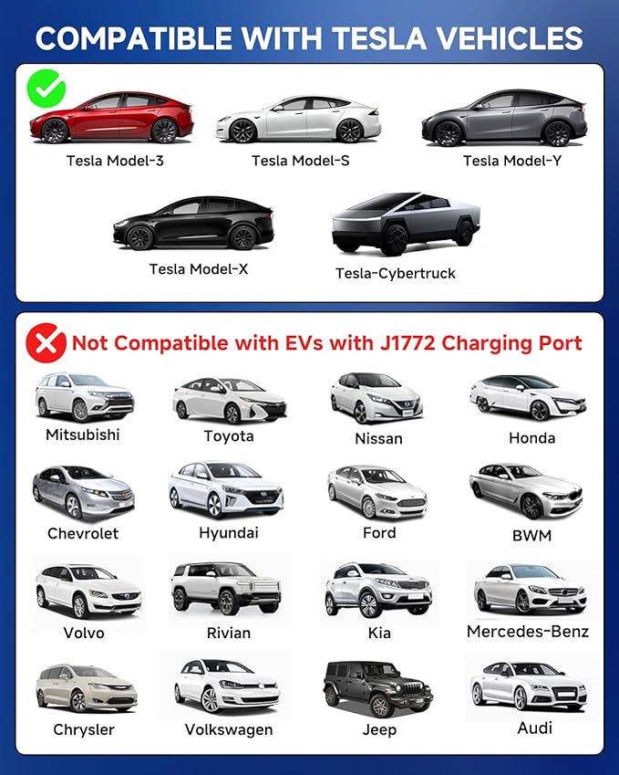 Level 1/2 Tesla Charger, 12A/16A, 25ft Extension Cable, Dual Voltage 240V NEMA 6-20 Plug & 120V NEMA 5-15 Adapter, NACS Connector, Portable Home Electric Car EV Charger for Tesla Models Y/X/3/S