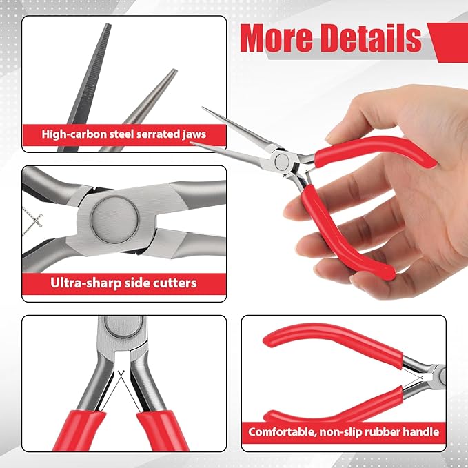 10 Pack Mini Needle Nose Pliers Bulk, 6 Inch Precision Pliers Set with Extra Long Tips for Jewelry Making, Wire Wrapping, Small Object Gripping, DIY Project(Red)