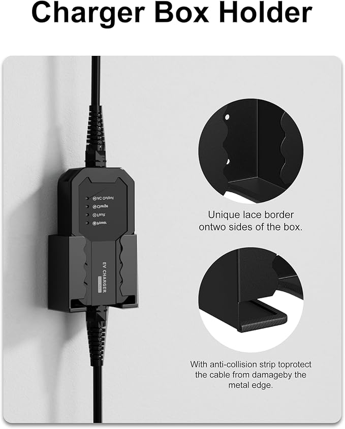 EV Charger Holder Wall Mount Kit, Ev Charging Cable Holder, EV Cable Box Organizer&J-Hook Electric Car Plug Nozzle Holster for SAE J1772 Connector(Indoor/Outdoor Use)