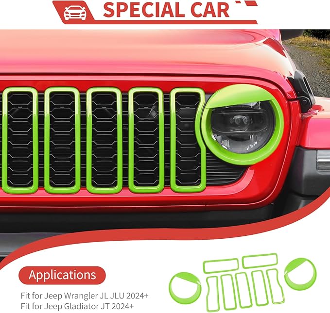 Front Grill Inserts Front Headlight Cover Kit fit for Jeep Wrangler JL JLU Gladiator JT 2024+ Exterior Accessories,Light Green