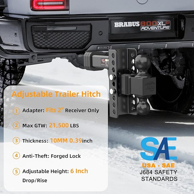 Adjustable Trailer Hitch -Drop Hitch (Fits 2-Inch Receiver) -6" Drop/Rise Tow Hitch, 2" & 2-5/16" Ball Hitches for Trucks -21,500 GTW Hitch Ball Mount with Anti-Theft Locking Hitch Pins